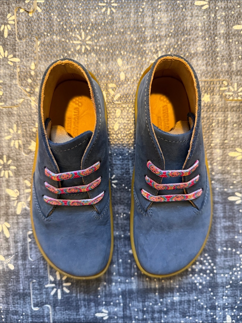 Vivobarefoot 13 Gobi Addis Kids Blue Leather Shoes with Colorful Elastic Laces